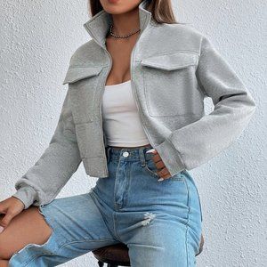 Casual Zip Up Flap Pocket Sweatshirt Grey